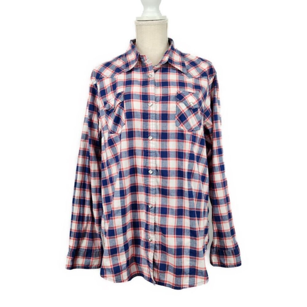 Wrangler Pearl Snap Western Shirt Women's XXL Long Sleeve Red White Blue Cowgirl